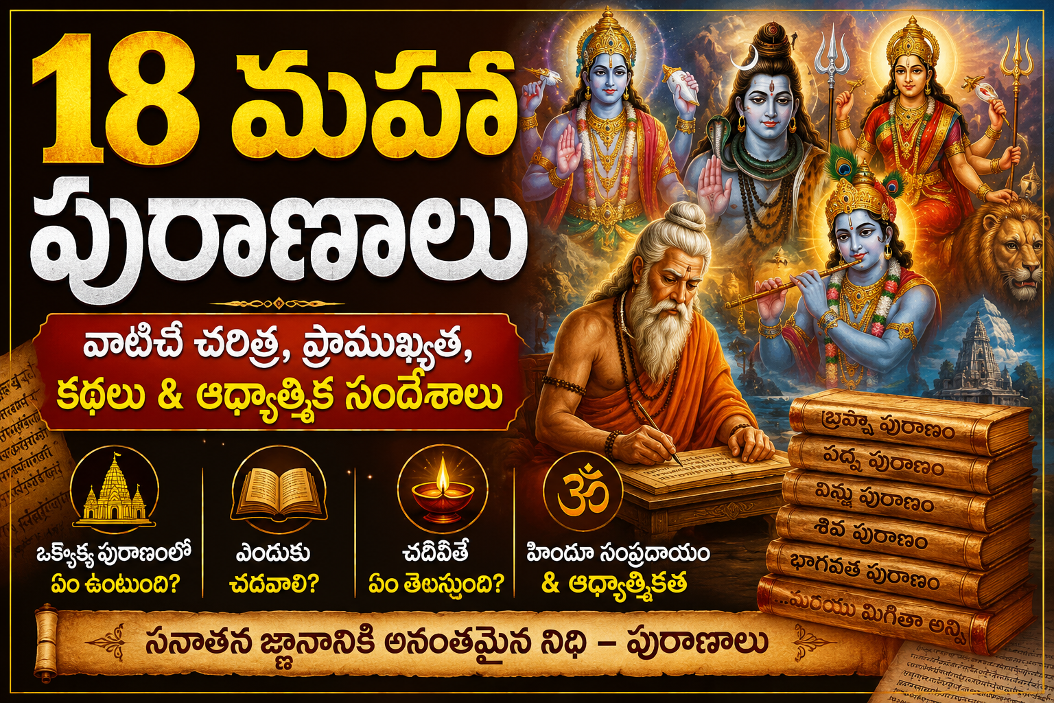 18 మహాపురాణాలు: చరిత్ర, ప్రాముఖ్యత, ఆధ్యాత్మికత, ప్రతి పురాణంలో ఉన్న విశేషాలు
