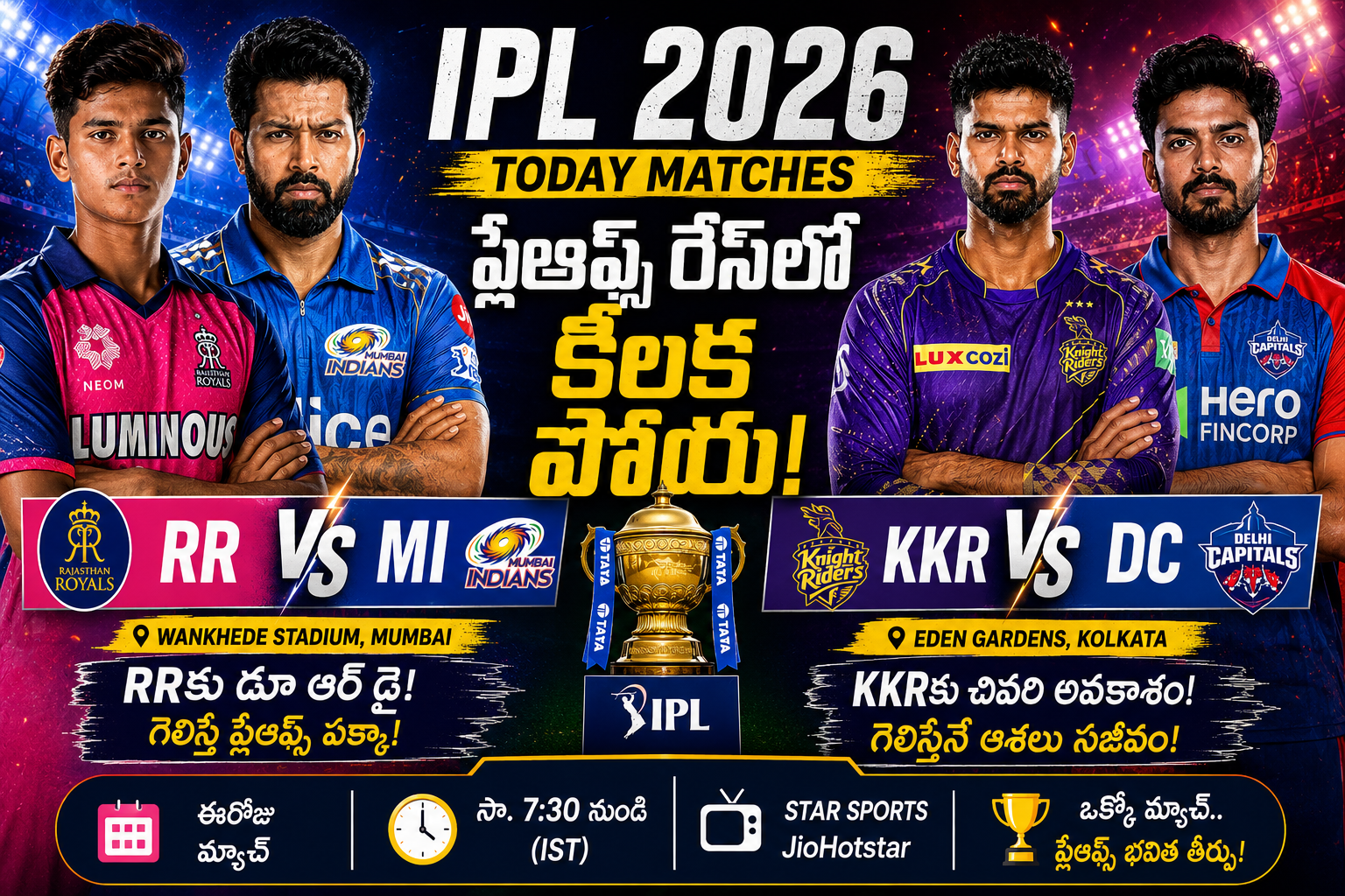 IPL 2026: ప్లేఆఫ్స్ రేస్లో కీలక మ్యాచ్లు.. RRకు డూ ఆర్ డై, KKRకు చివరి అవకాశం!