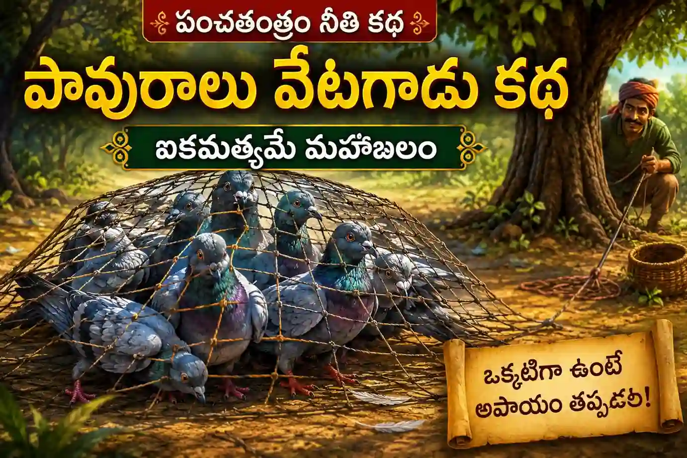 పావురాలు వేటగాడు కథ: ఐకమత్యమే మహాబలం – పంచతంత్రం నీతి కథ