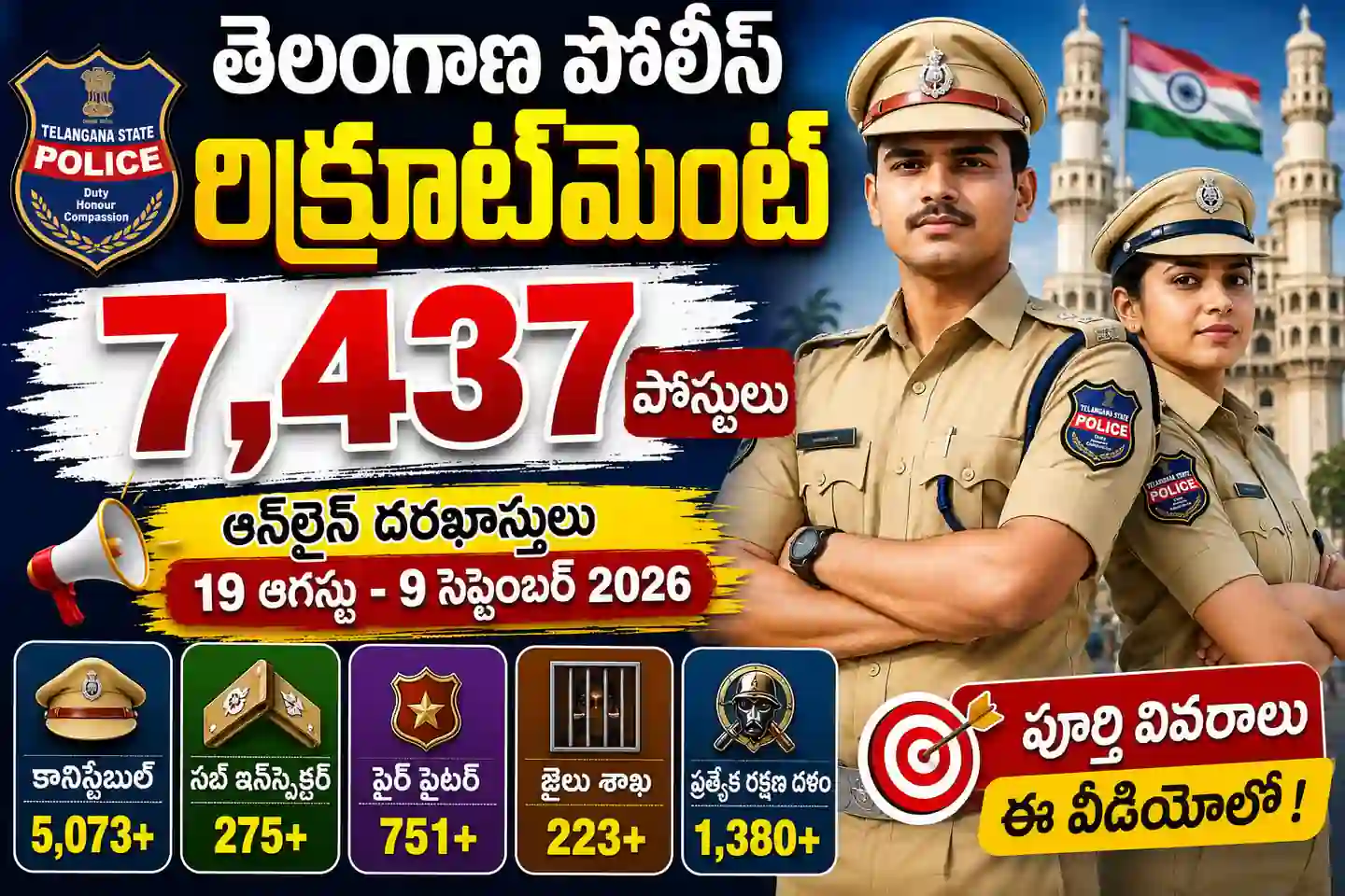 తెలంగాణ పోలీస్ రిక్రూట్మెంట్ 2026: 7,437 పోస్టులకు భారీ నోటిఫికేషన్.. పూర్తి వివరాలు, అర్హతలు, వయోపరిమితి, ఫీజు, దరఖాస్తు విధానం ఇదే!